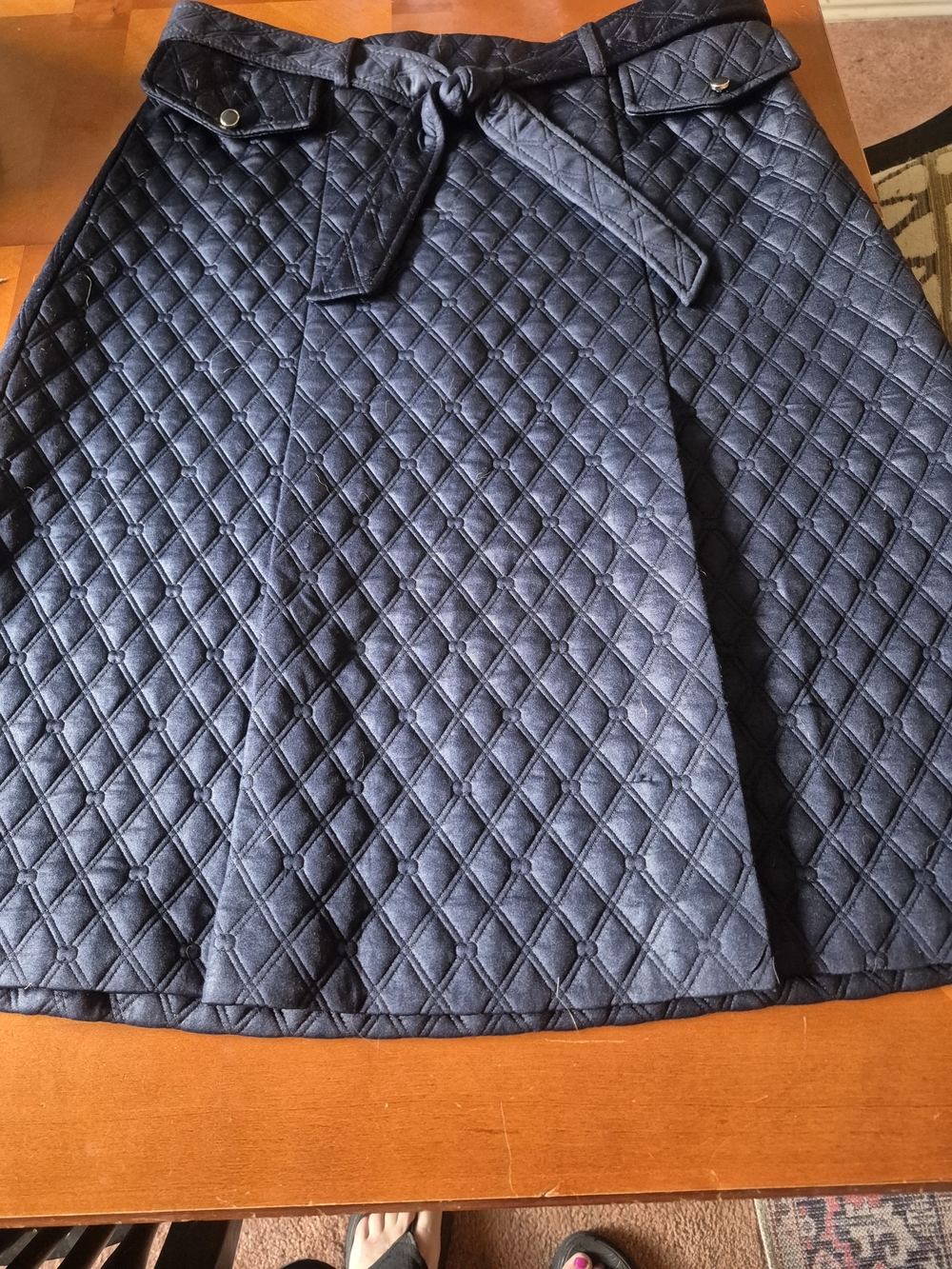 Carol Wren Quilted A-Line Skirt with Waist Tie - Navy